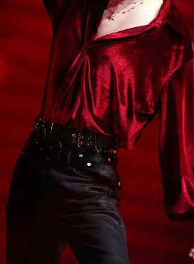 明星同款丝绒垂感演唱会同款红色衬衫爵士舞街舞齐舞团队演出酒吧