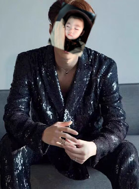 明星同款舞台演出练习生舞蹈爵士舞黑色亮片西服套装男歌手团队服