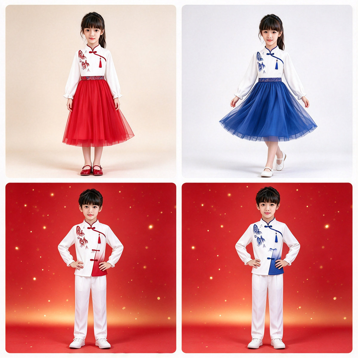 珊瑚颂中国风儿童演出服男女童合唱服小学生国风表演服装红白蓝色