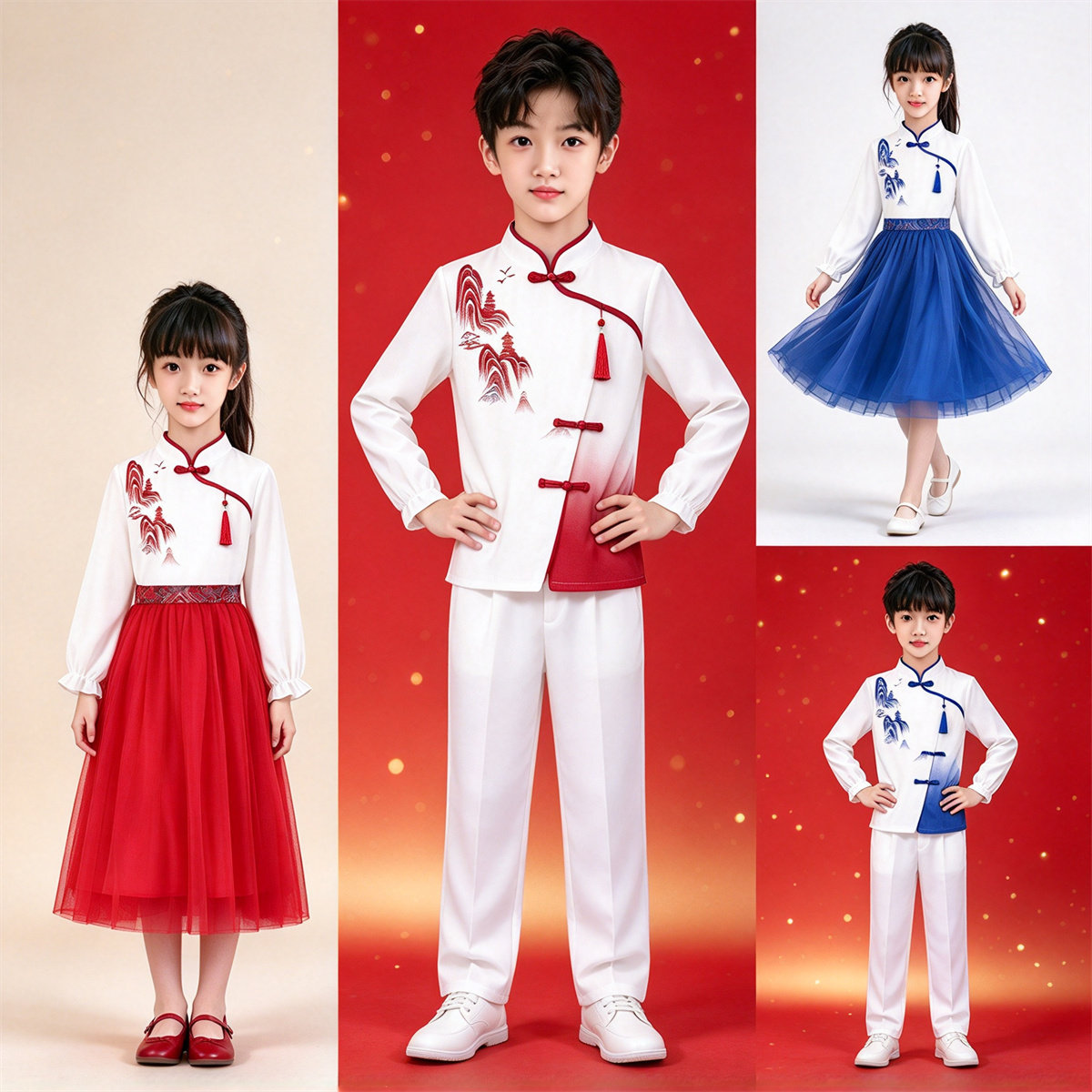 珊瑚颂中国风儿童演出服男女童合唱服小学生国风表演服装红白蓝色