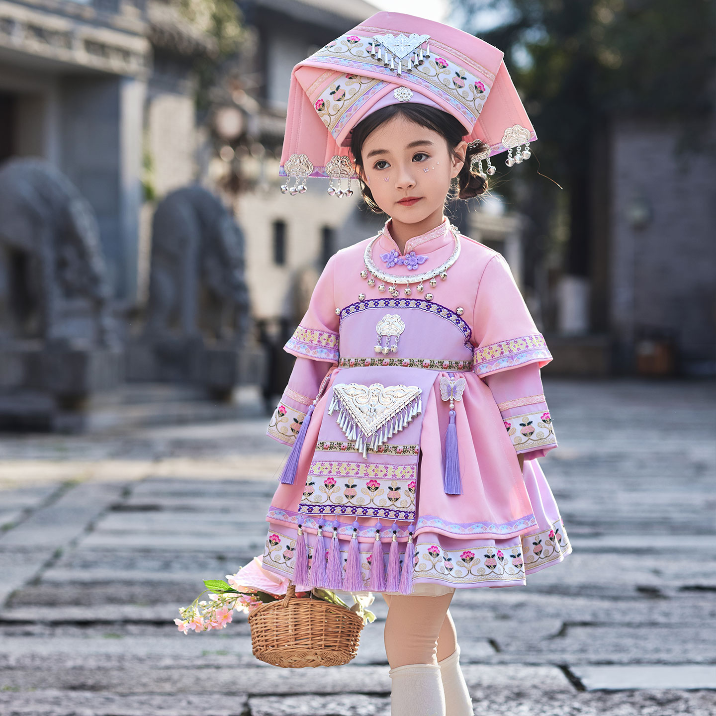 立春咏春吉量民族女童演出服粉色壮族苗族三月三节日盛装哈尼宝贝