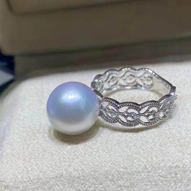 18K白金色钻石11-13MM海水珍珠戒托蕾丝美戒正圆裸珠戒指配件空托