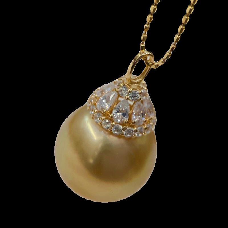 18k金锆石11-13mm海水珍珠吊坠