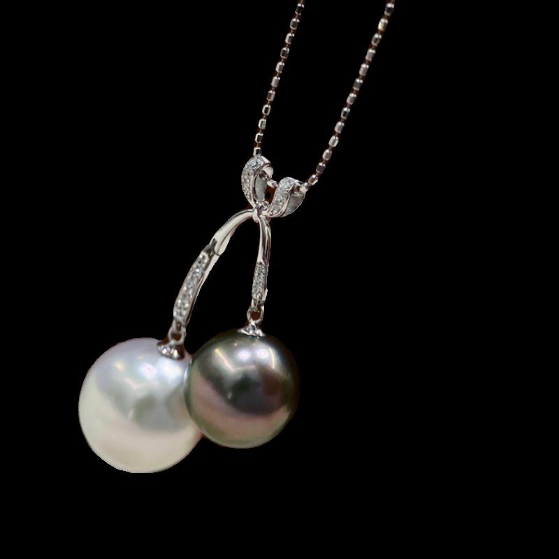 18K金锆石10-12mm双珠蝴蝶结吊坠