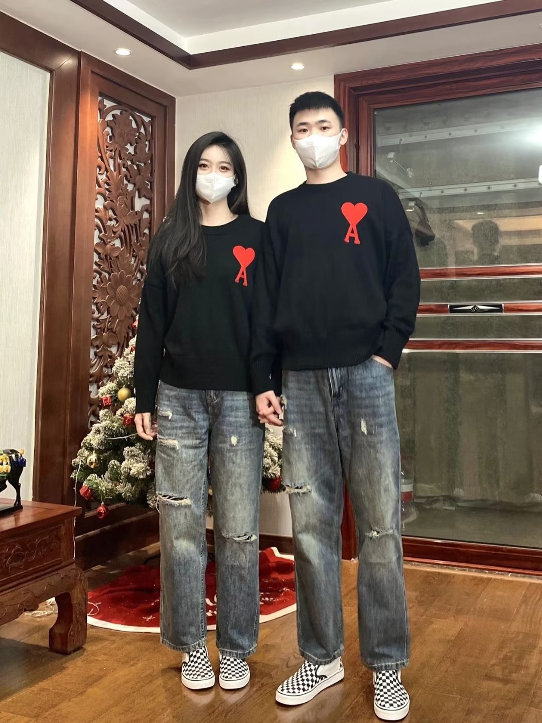 情侣裤子美式高街破洞牛仔裤男女春秋季潮牌宽松直筒复古做旧长裤
