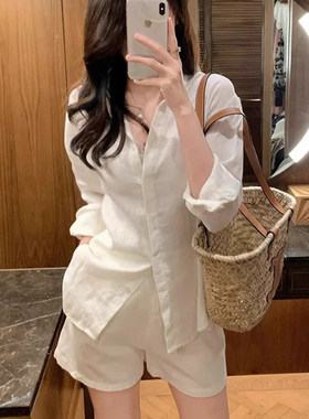 白色棉麻防晒衬衫女春秋夏季小个子宽松休闲亚麻衬衫开衫长袖上衣