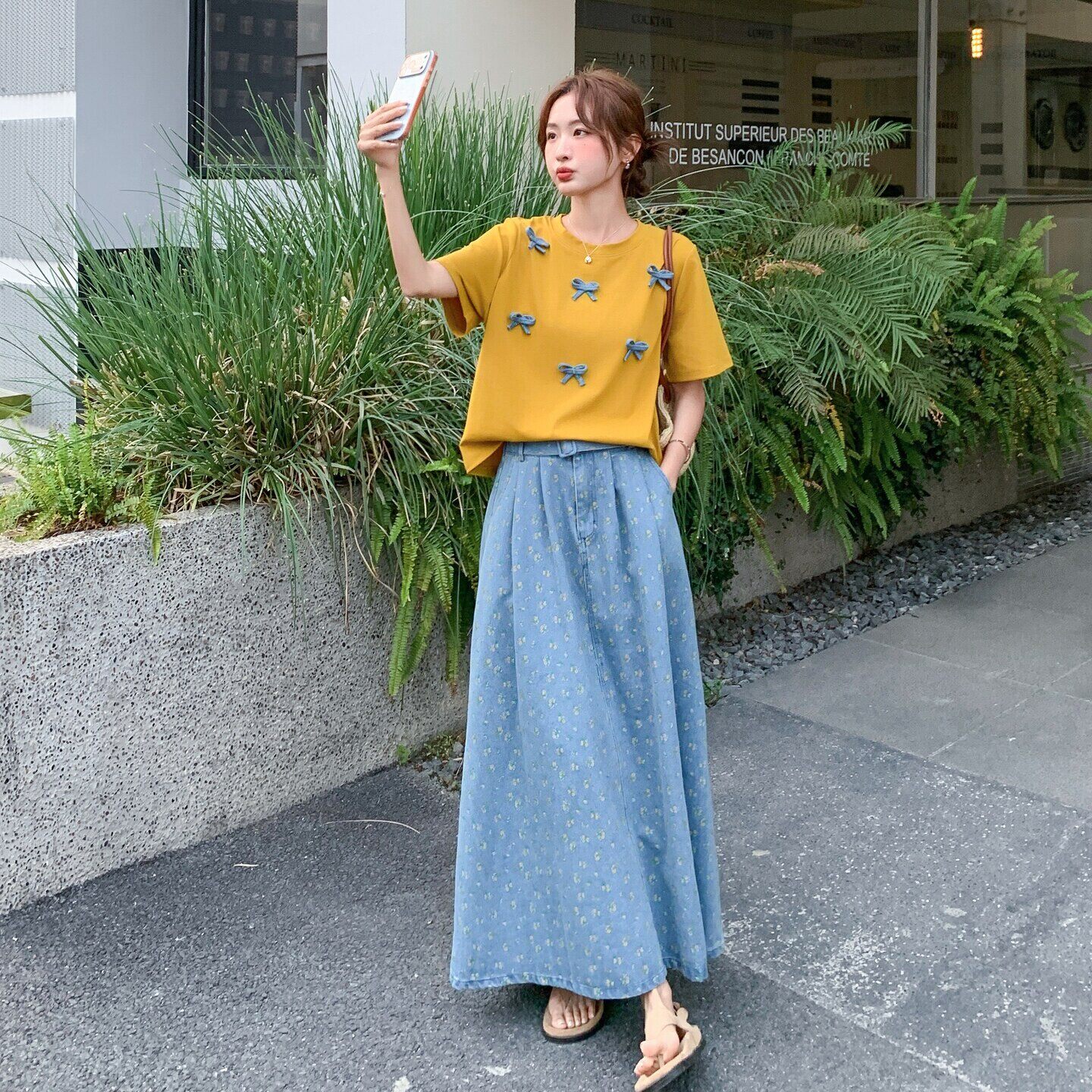 现货/蝴蝶结撞色T恤印花半身牛仔裙两件套2C233-8523-P185-K298