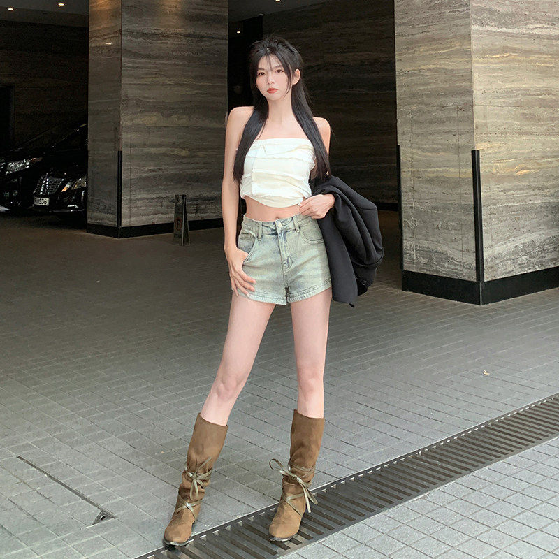 牛仔短裤女辣妹 夏季新款美式复古高腰显瘦重工设计感a字包臀热裤