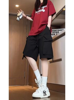 黑色大口袋美式工装短裤女夏2026新款休闲宽松直筒运动五分裤五分