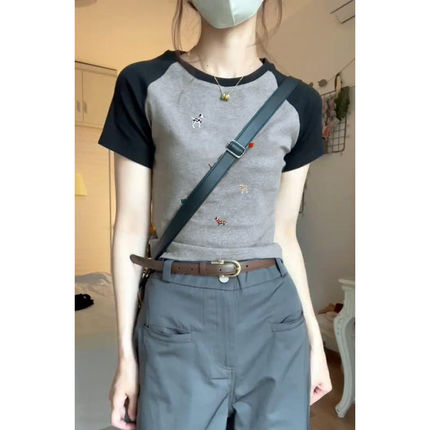 美式复古甜辣妹插肩短袖T恤女夏季设计感独特别致正肩短款上衣