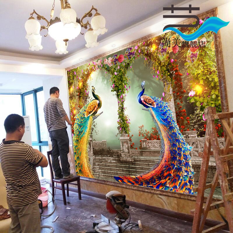 客厅墙纸5d8d镶钻石玄关过道孔雀