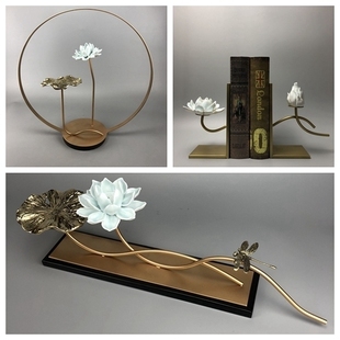 新中式现代创意陶瓷铜荷花摆件样板房客厅酒柜玄关电视柜软装饰品