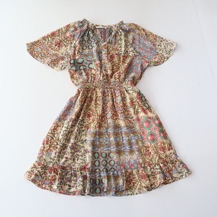 连衣裙V领松紧收腰时尚 花色短袖 百搭A字裙C6M 女中长款 夏季