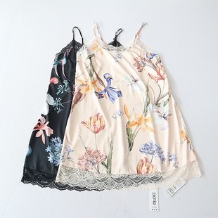 夏季 女中长款 花色吊带裙仿真丝V领拼接蕾丝睡裙落肩袖 睡袍R3 新品