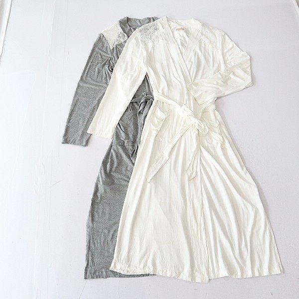 春秋新品女中长款长袖连衣裙莫代尔腰带修身拼接蕾丝开叉裙家居H2