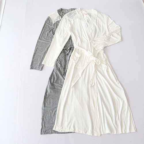 春秋新品女中长款长袖连衣裙莫代尔腰带修身拼接蕾丝开叉裙家居H2