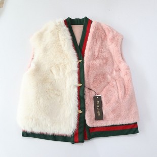 春秋季 坎肩时髦X141 女皮毛一体马甲外套V领纽扣宽松拼接皮草无袖