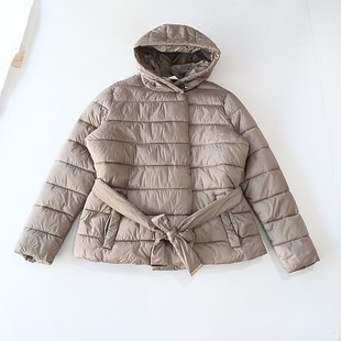 百搭棉衣D3 棉服外套连帽暗扣宽松腰带收腰纯色时尚 秋冬季 女长袖