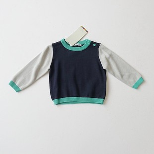 春秋季 毛衣圆领纽扣套头拼接婴幼儿小宝宝针织上衣X14 男女童长袖