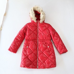 棉服外套立领连帽拉链中童纯色时尚 长袖 百搭棉衣W4 女童中长款 冬季