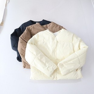 百搭棉衣D22 棉服外套V领暗扣宽松纯色简约大方时尚 秋冬季 女长袖