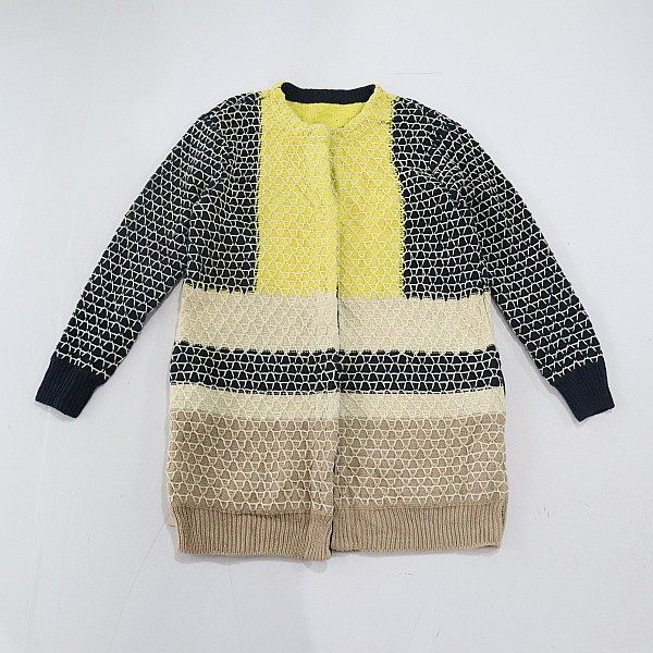 春秋季新品女中长款长袖毛衣外套圆领暗扣宽松撞色时尚百搭上衣F2