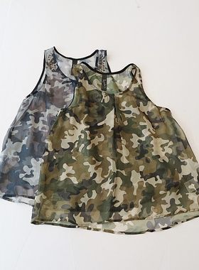 夏季新品女背心迷彩衬衫无袖U领套头宽松薄透时尚百搭上衣H2