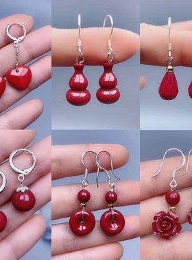 朱砂正品耳饰纯银耳扣朱砂紫金砂红纳福耳坠简约气质耳环饰品