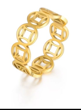 跨境钛钢饰品 镂空招财铜钱转运食指钛钢戒指 几何个性复古情侣戒