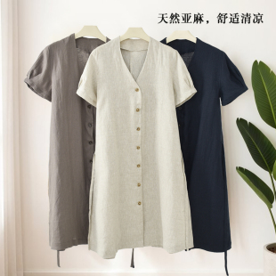 亚麻V领短袖连衣裙夏季女款单排扣直筒休闲裙舒适清凉开衫