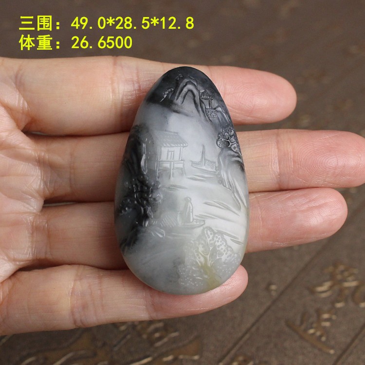 三色青花籽料山水人家挂件