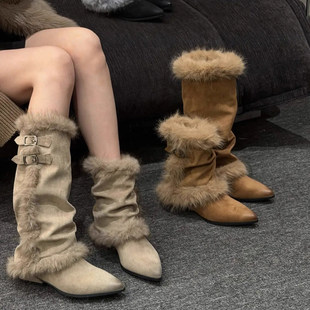 雪地靴女冬季2025新款加绒加厚保暖棉鞋皮带扣毛毛鞋真皮马丁靴子
