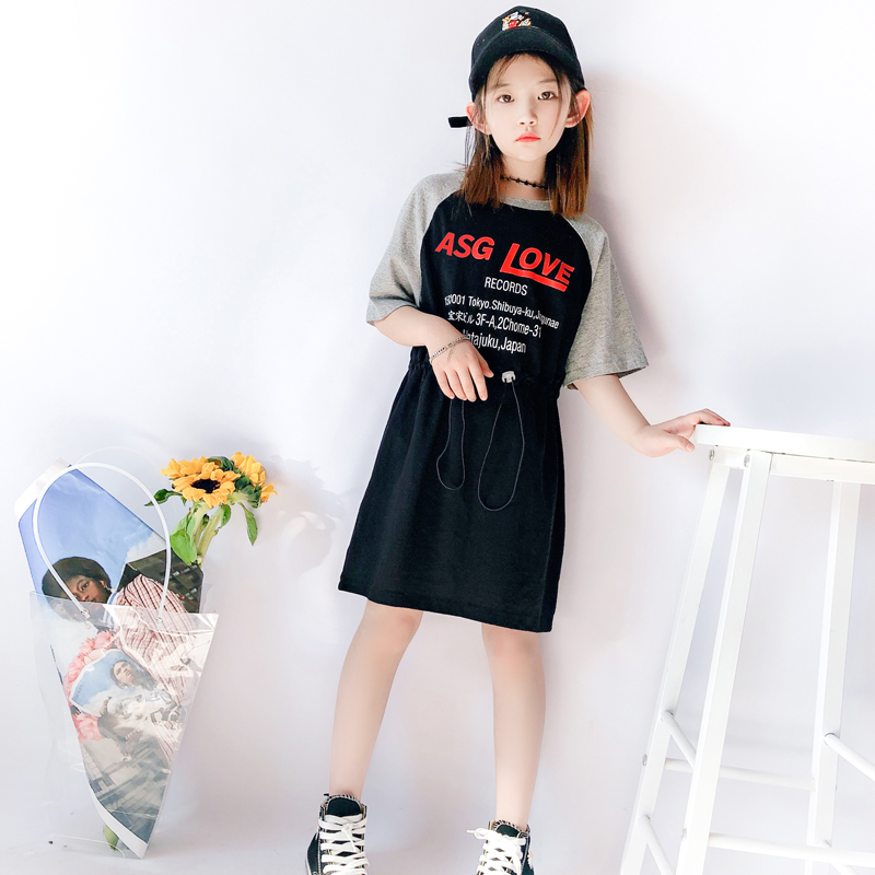 2020夏季童装中大童收腰童裙女童洋气短袖T恤圆领拼接儿童连衣裙
