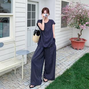 藏青色韩系松弛感竖条纹套装女裤初C300-207夏新款圆领阔件上衣腿