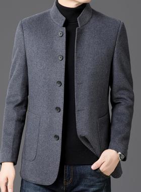 新立呢11602-W7款中山装面呢夹克男秋冬季领休闲羊毛外套中年双男