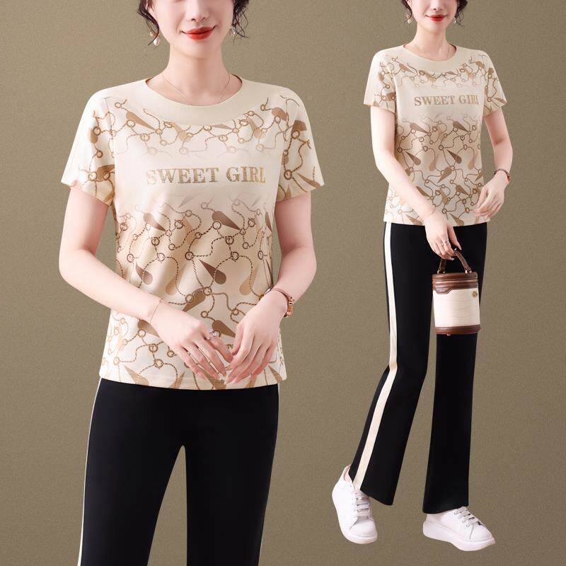 女时尚休闲运套夏89899299新款洋气字母短装袖体恤长裤跑步服两动