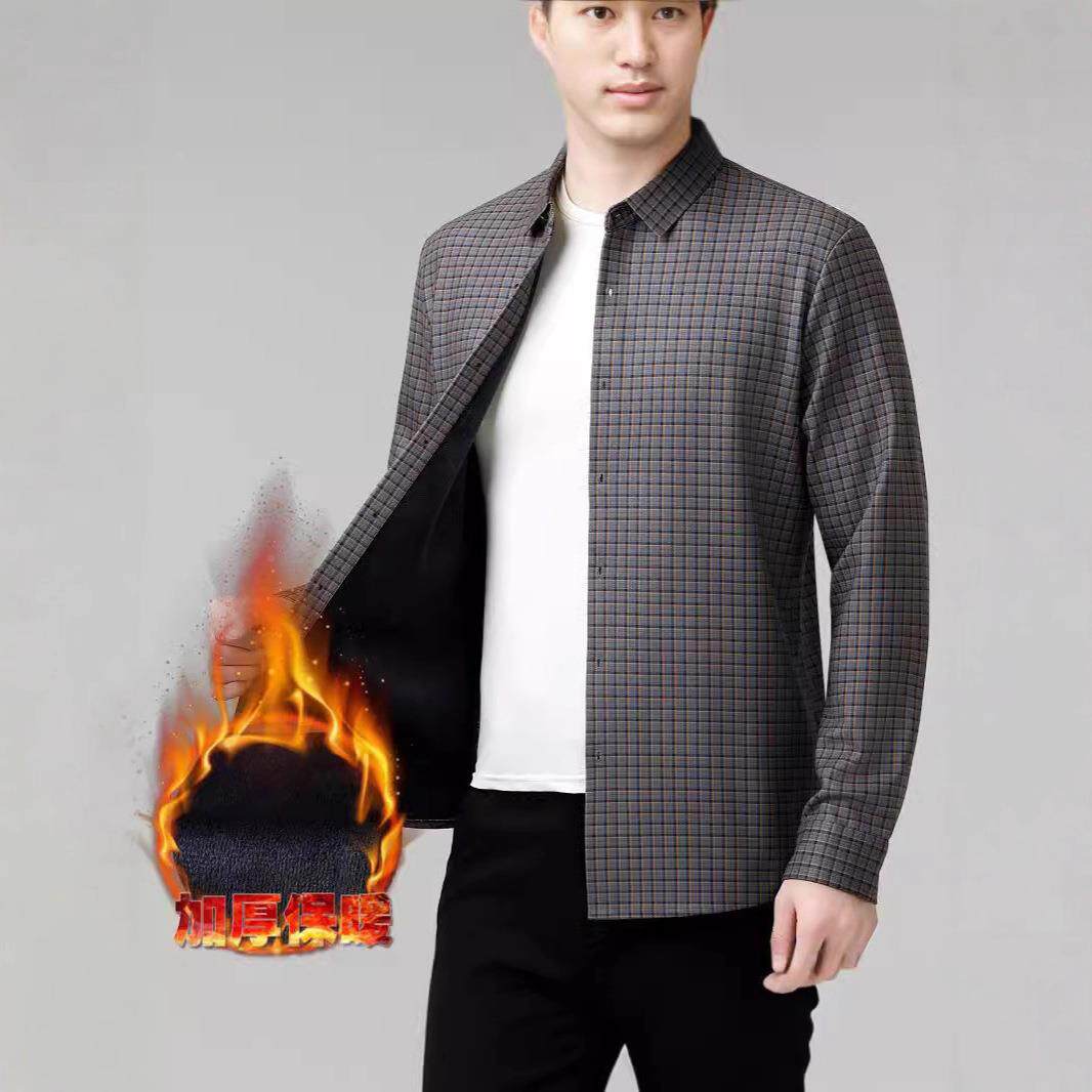 秋衫男8606-P长袖加衬绒加务厚中年男士冬保暖商休闲格子衬衣