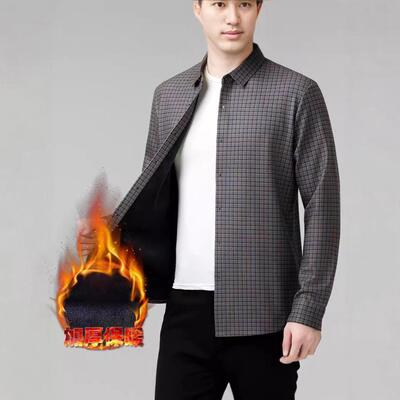 秋衫男8606-P长袖加衬绒加务厚中年男士冬保暖商休闲格子衬衣