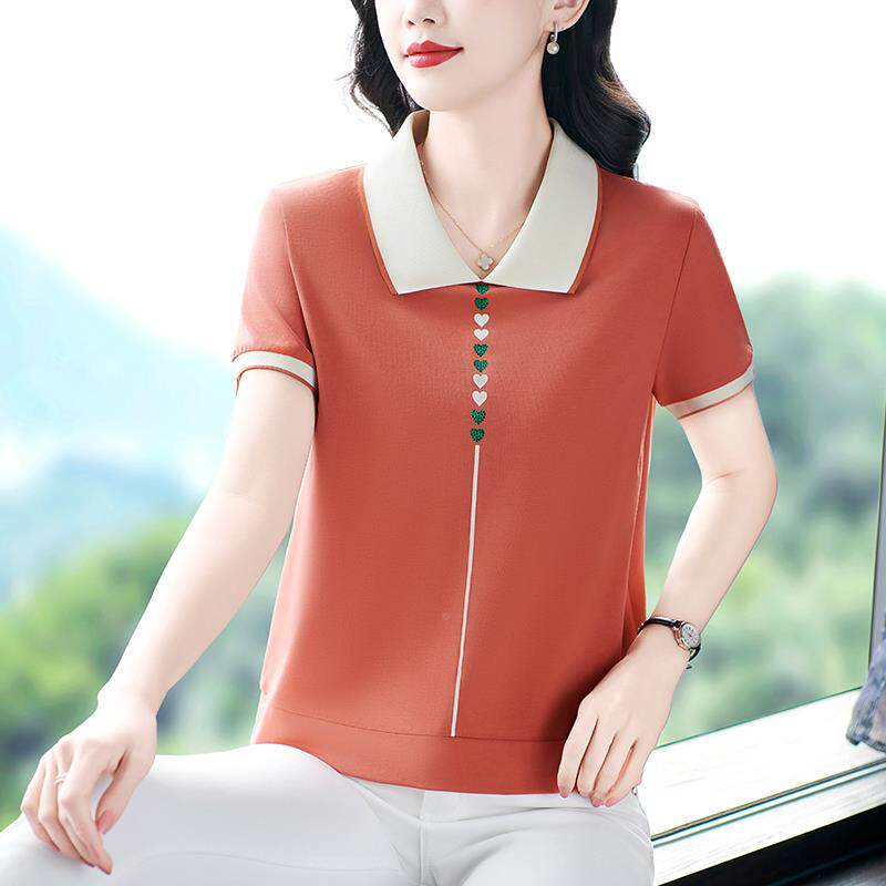 动纯短袖恤女夏棉年新款宽松显905049瘦妈妈翻领运休闲衫上衣