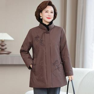 冬白中国风立领刺绣妈8926羽绒服妈装中装长款中式鸭绒保暖外套女