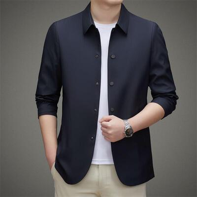 春秋季新款桑丝档士夹克翻领中老年装蚕时尚高休闲2302-PP纯色男