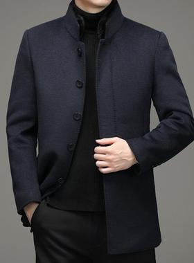 品牌高端双面羊绒大衣男领中山装羽11579立绒胆内秋冬款爸爸厚毛