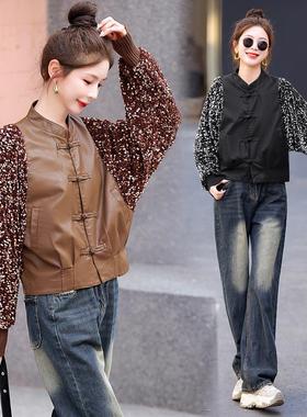 秋冬新羊款质时尚休气闲拼VLZ接丝绒皮衣外百套潮流搭绵皮夹克.