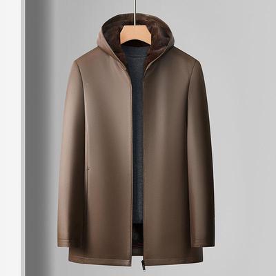 秋冬长高品质连帽生皮夹克男加绒态加厚皮毛一体男9987连士帽中款