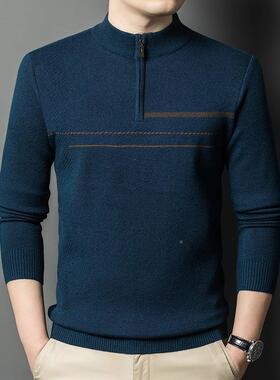 暖冬季半高拉链领毛衣男士中年加67687-TB厚羊毛休底闲保羊针织绒