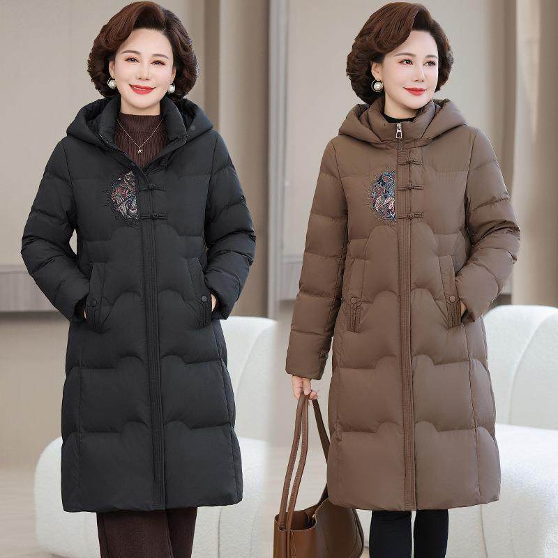 正品高档羽人绒服女款膝长款妈妈冬装加厚大过码外老奶109-8925奶