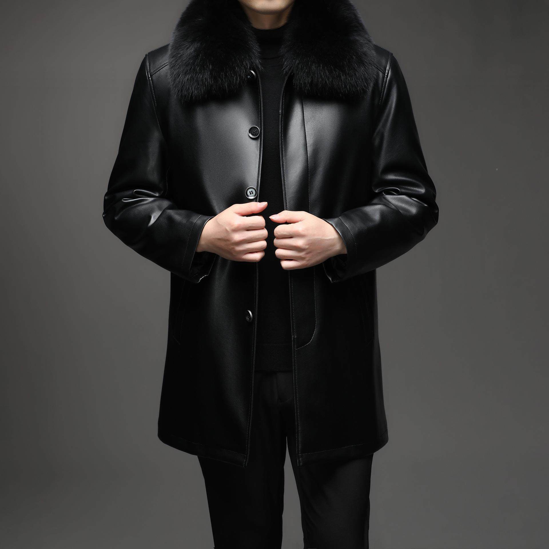 中老狸年冬装真皮皮衣3089-BB狐男中长款领皮毛一体绵内胆羊皮外