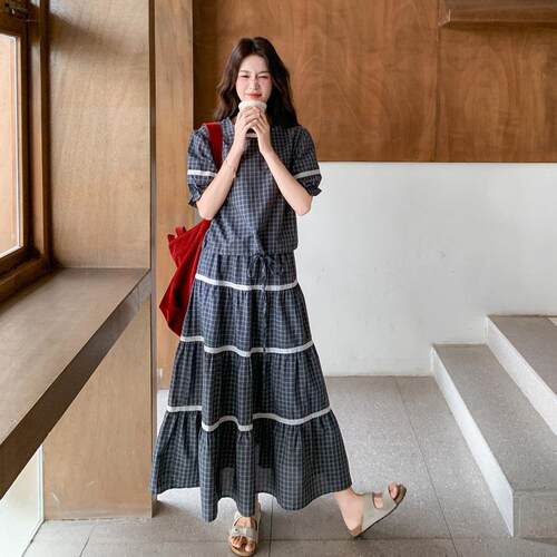 独日特漂亮韩复古夏格子泡泡袖上衣半身裙套装女减D085-A13龄一整