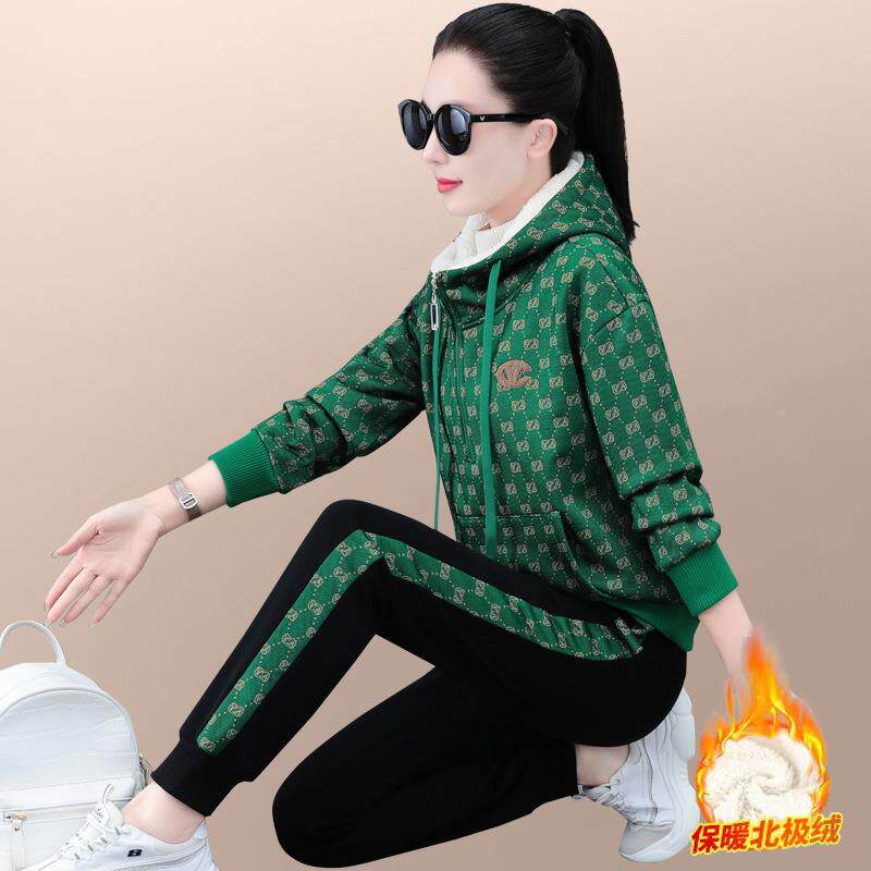 装加绒厚运动套女帽冬新款时尚洋气花色连卫衣休742474闲服两加件