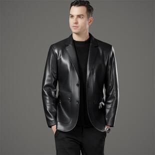 轻奢牌秋冬男西装 KJ皮皮衣外套潮男轻商务休闲皮夹克 领真皮7018